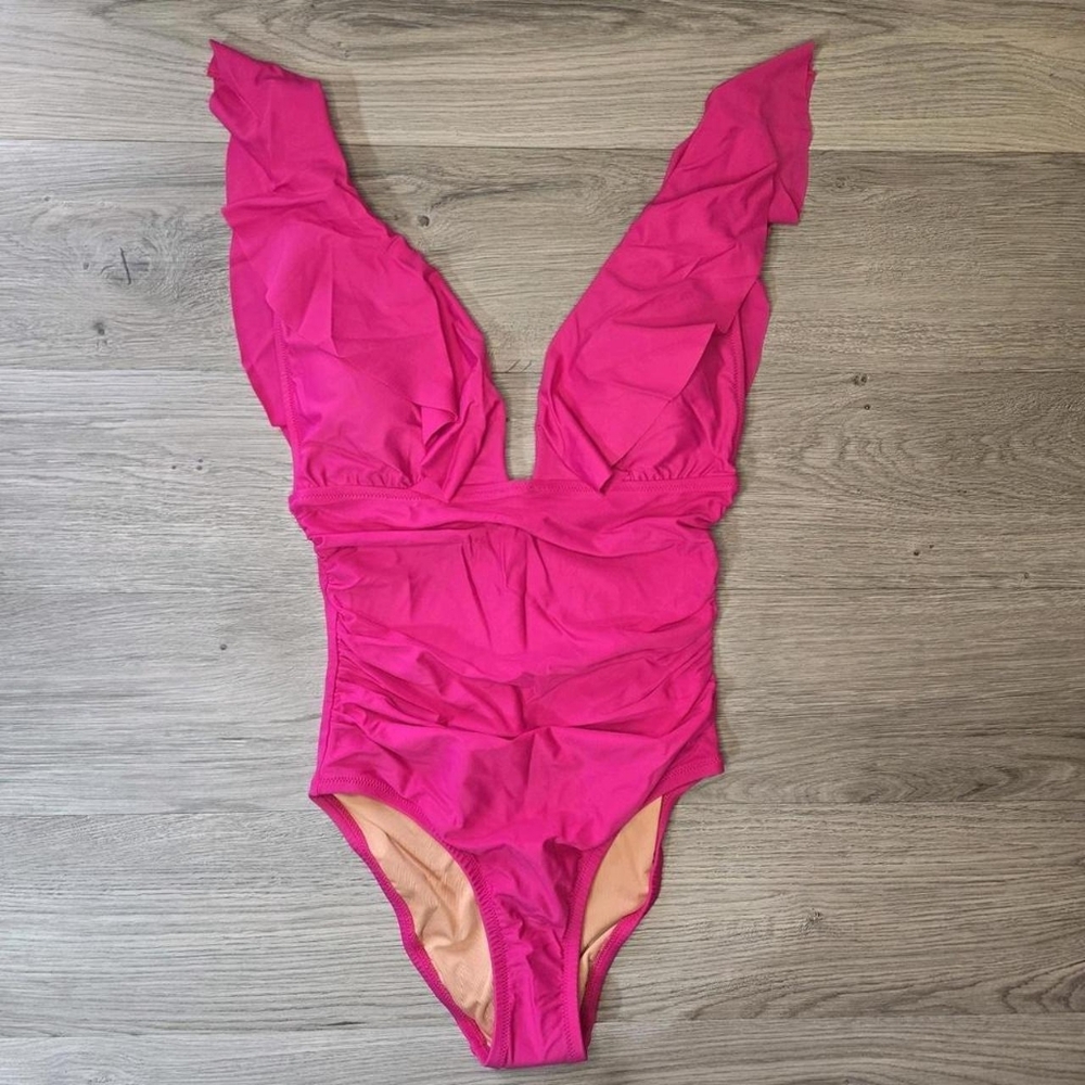 J.Crew Women's Pink Deep V-neck Ruffle-lined Straps One-Piece Swimsuit